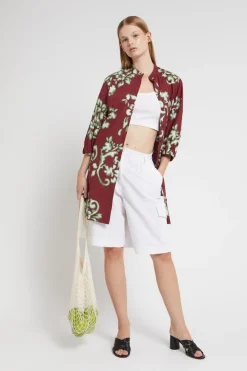 Robe chemisier courte en popeline imprimée avec ceinture bandeau