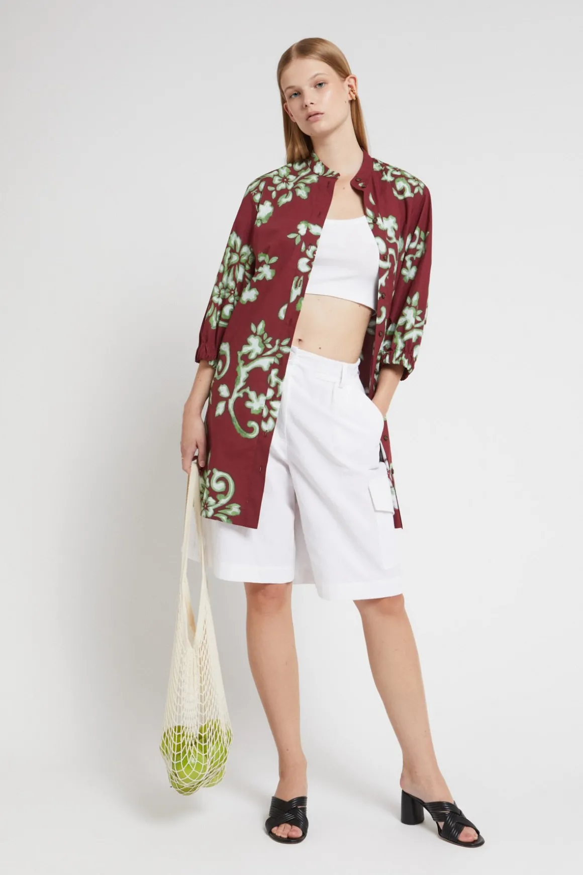 Robe chemisier courte en popeline imprimée avec ceinture bandeau