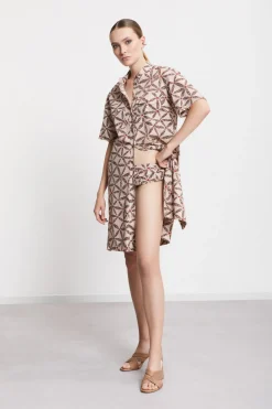 Robe chemisier courte en coton imprimé avec ceinture bandeau