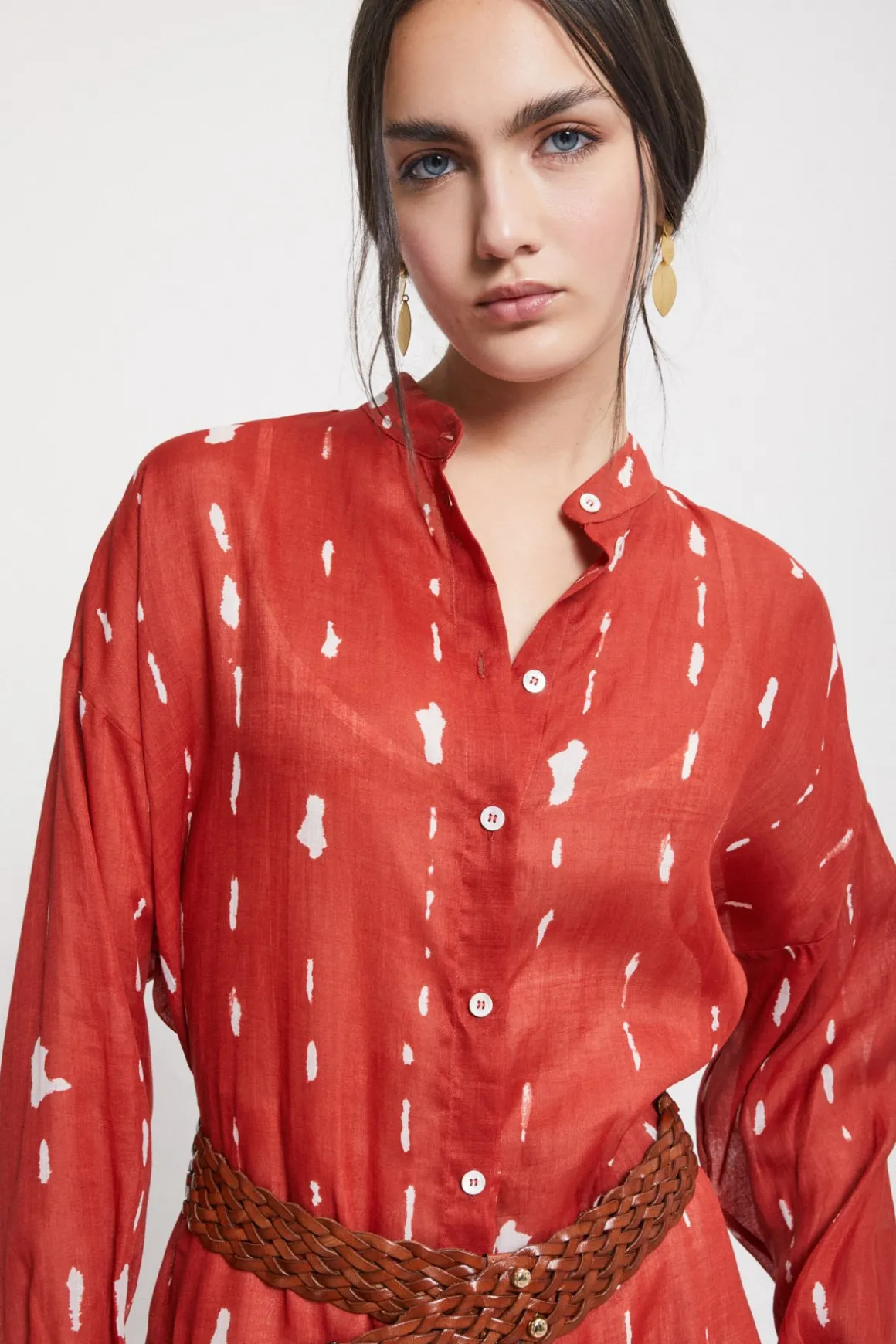 Robe chemisier midi imprimée avec col mao
